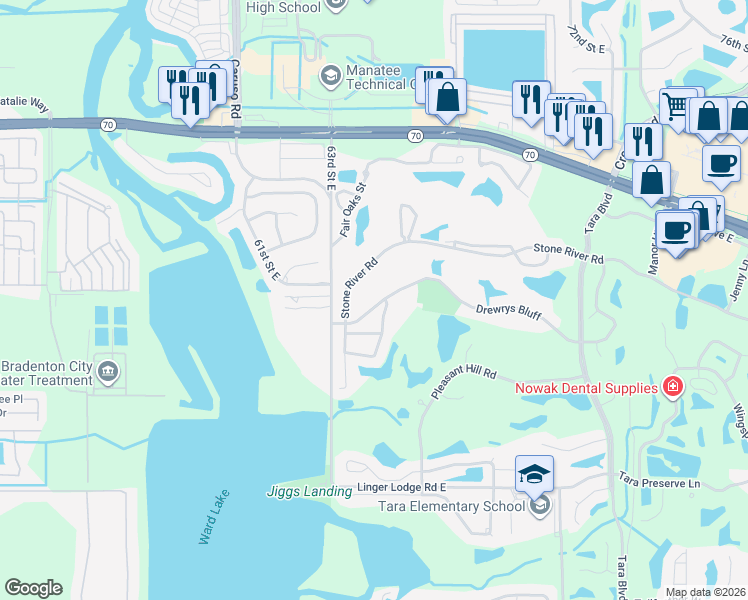 map of restaurants, bars, coffee shops, grocery stores, and more near 6421 Drewrys Bluff in Bradenton