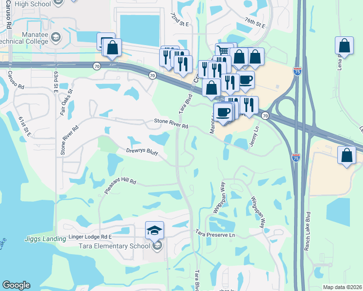 map of restaurants, bars, coffee shops, grocery stores, and more near 7157 Drewrys Bluff in Bradenton