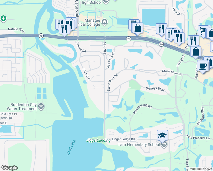 map of restaurants, bars, coffee shops, grocery stores, and more near 6407 Stone River Road in Bradenton