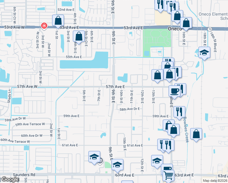 map of restaurants, bars, coffee shops, grocery stores, and more near 5720 8th Street Court East in Bradenton