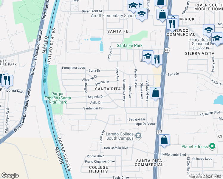 map of restaurants, bars, coffee shops, grocery stores, and more near 312 Segovia Drive in Laredo