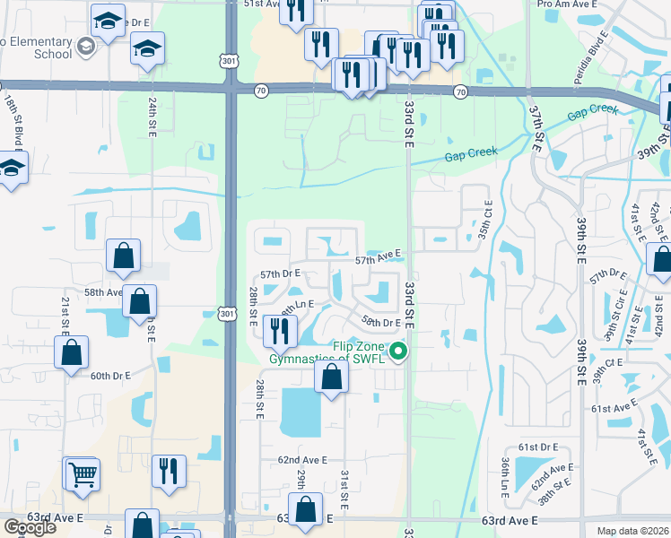 map of restaurants, bars, coffee shops, grocery stores, and more near 3025 58th Terrace East in Bradenton