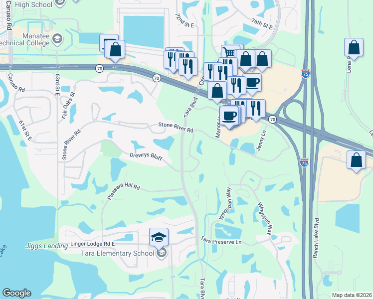 map of restaurants, bars, coffee shops, grocery stores, and more near 7157 Drewrys Bluff in Bradenton