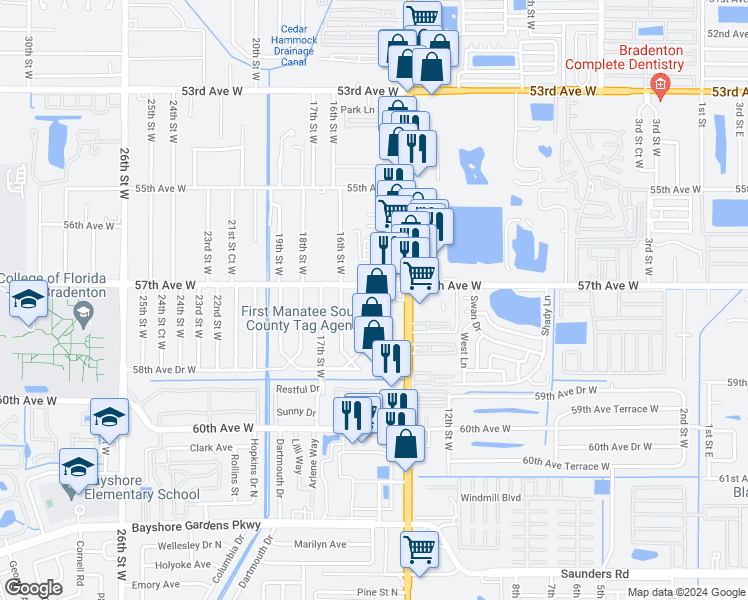 map of restaurants, bars, coffee shops, grocery stores, and more near 1450 57th Avenue West in Bradenton