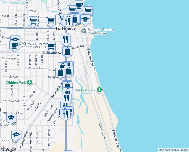 map of restaurants, bars, coffee shops, grocery stores, and more near 801 South Indian River Drive in Fort Pierce