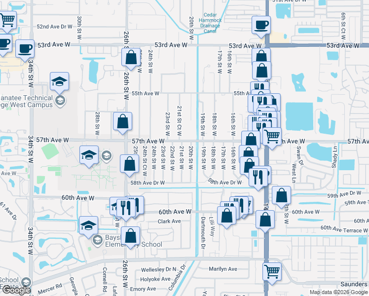 map of restaurants, bars, coffee shops, grocery stores, and more near 5715 21st Street West in Bradenton