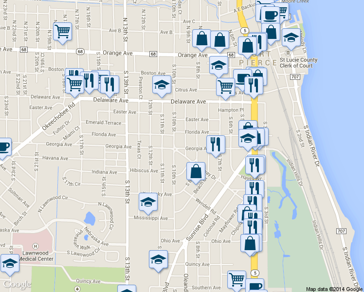 map of restaurants, bars, coffee shops, grocery stores, and more near 920 Georgia Avenue in Fort Pierce