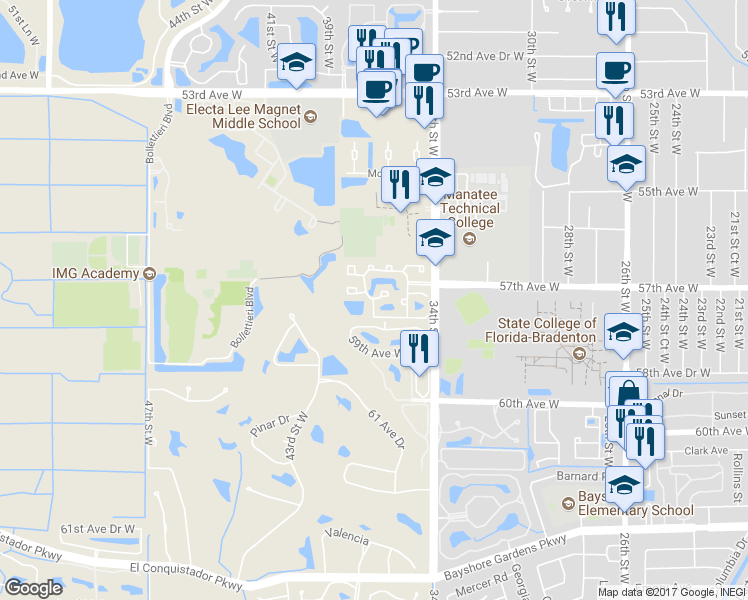 map of restaurants, bars, coffee shops, grocery stores, and more near 3510 57th Avenue Circle West in Bradenton