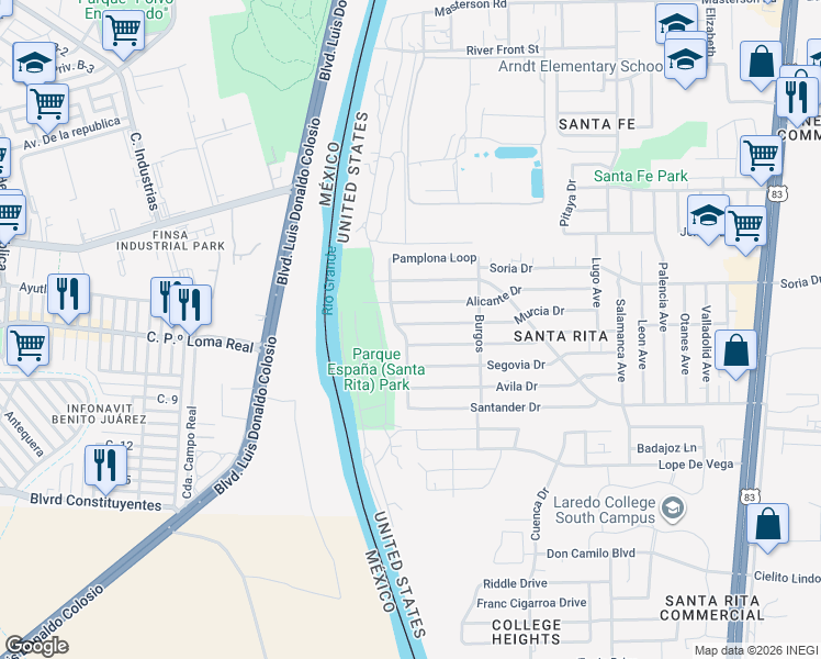 map of restaurants, bars, coffee shops, grocery stores, and more near 112 Malaga Drive in Laredo