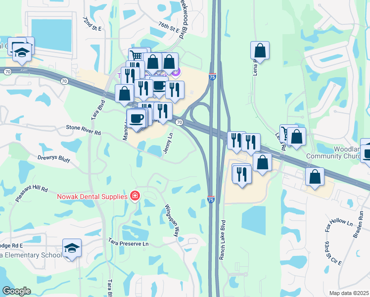 map of restaurants, bars, coffee shops, grocery stores, and more near 7360 55th Avenue East in Bradenton