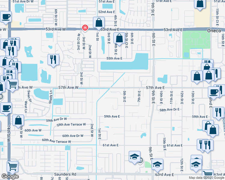 map of restaurants, bars, coffee shops, grocery stores, and more near 408 57th Avenue Drive East in Bradenton