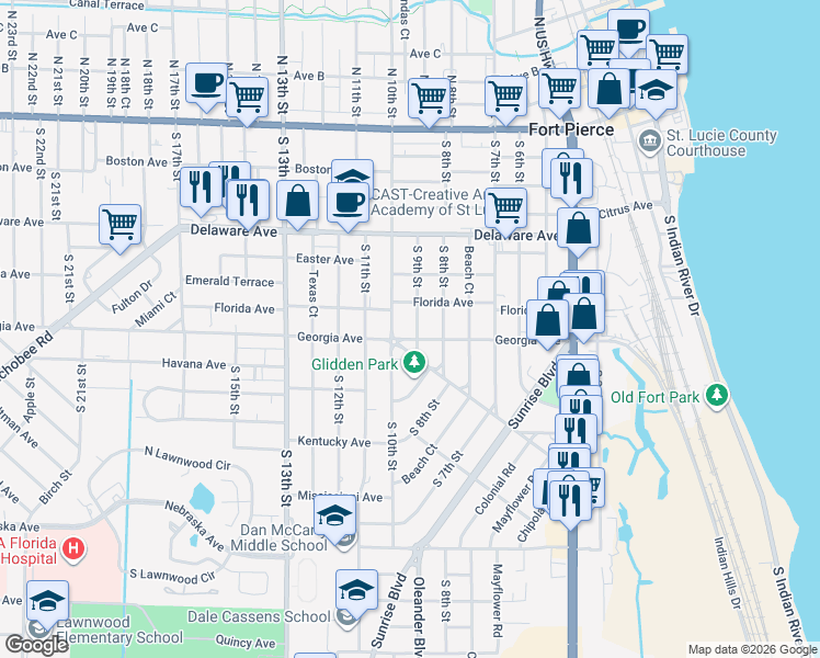 map of restaurants, bars, coffee shops, grocery stores, and more near 711 South 9th Street in Fort Pierce