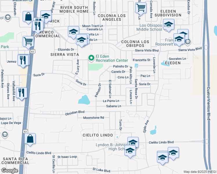 map of restaurants, bars, coffee shops, grocery stores, and more near 5104 El Sabinal Lane in Laredo