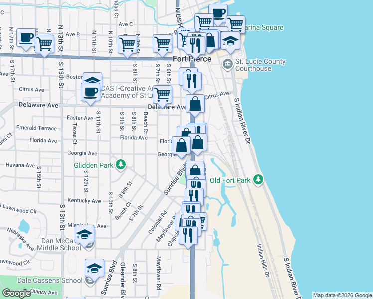 map of restaurants, bars, coffee shops, grocery stores, and more near 517 Georgia Avenue in Fort Pierce