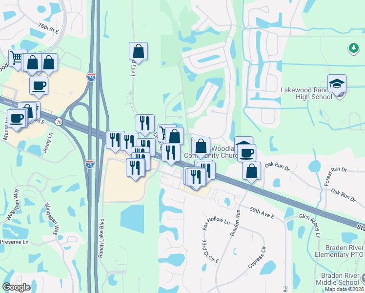 map of restaurants, bars, coffee shops, grocery stores, and more near 8605 East State Road 70 in Bradenton