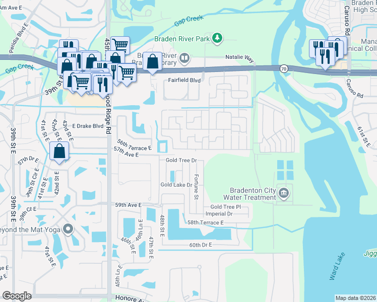 map of restaurants, bars, coffee shops, grocery stores, and more near 13 Gold Tree Drive in Bradenton