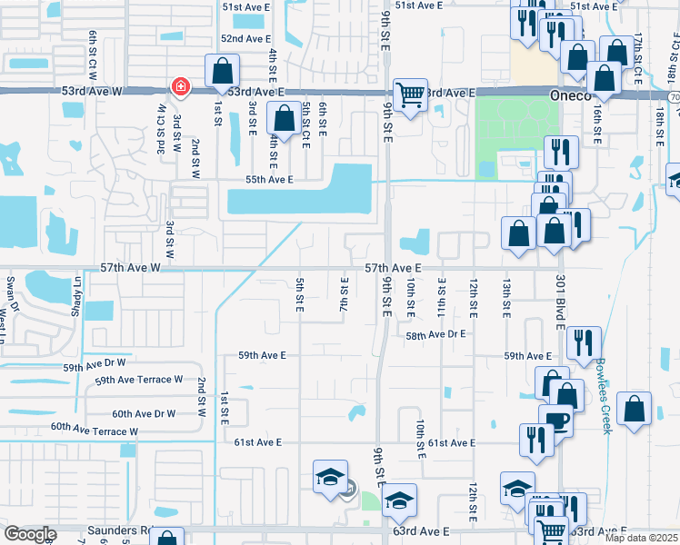 map of restaurants, bars, coffee shops, grocery stores, and more near 5718 7th Street East in Bradenton