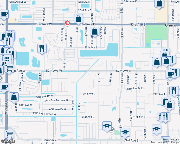 map of restaurants, bars, coffee shops, grocery stores, and more near 408 57th Avenue Drive East in Bradenton