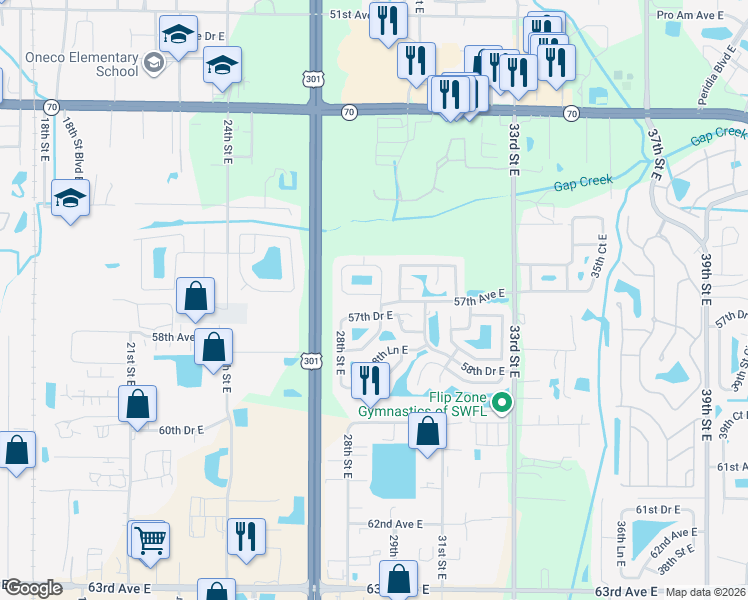 map of restaurants, bars, coffee shops, grocery stores, and more near 2802 56th Avenue Circle East in Bradenton