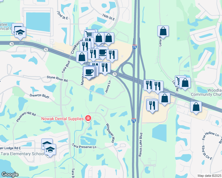 map of restaurants, bars, coffee shops, grocery stores, and more near 7360 55th Avenue East in Bradenton