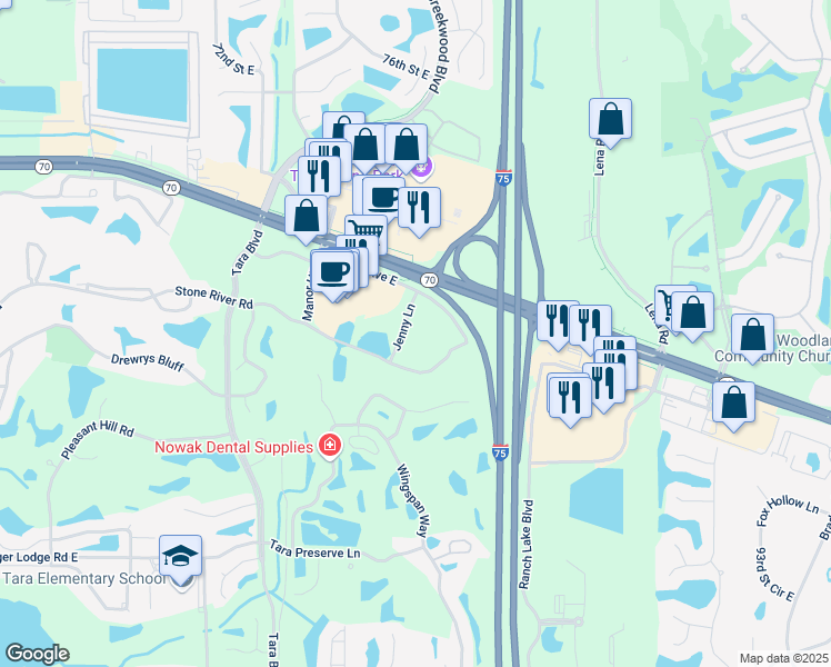 map of restaurants, bars, coffee shops, grocery stores, and more near 7360 55th Avenue East in Bradenton