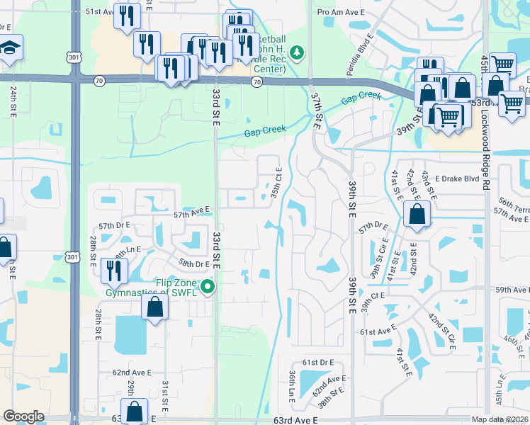 map of restaurants, bars, coffee shops, grocery stores, and more near 3410 56th Terrace East in Bradenton