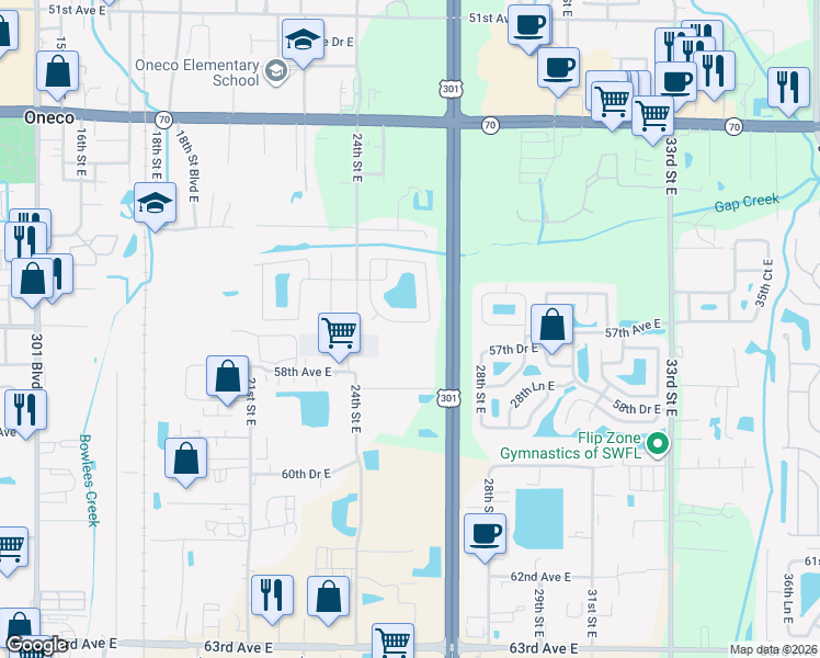 map of restaurants, bars, coffee shops, grocery stores, and more near 5660 25th Street Circle East in Bradenton