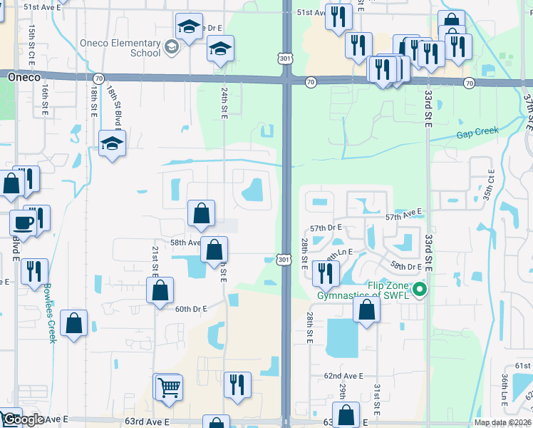 map of restaurants, bars, coffee shops, grocery stores, and more near 5660 25th Street Circle East in Bradenton