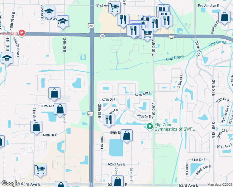 map of restaurants, bars, coffee shops, grocery stores, and more near 5602 29th Street Circle East in Bradenton
