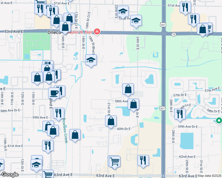 map of restaurants, bars, coffee shops, grocery stores, and more near 5617 21st Street Court East in Bradenton