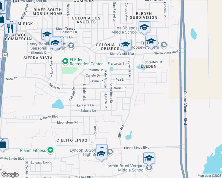 map of restaurants, bars, coffee shops, grocery stores, and more near 5131 Santa Rosa Drive in Laredo