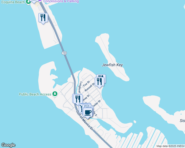 map of restaurants, bars, coffee shops, grocery stores, and more near 7130 Longboat Drive East in Longboat Key