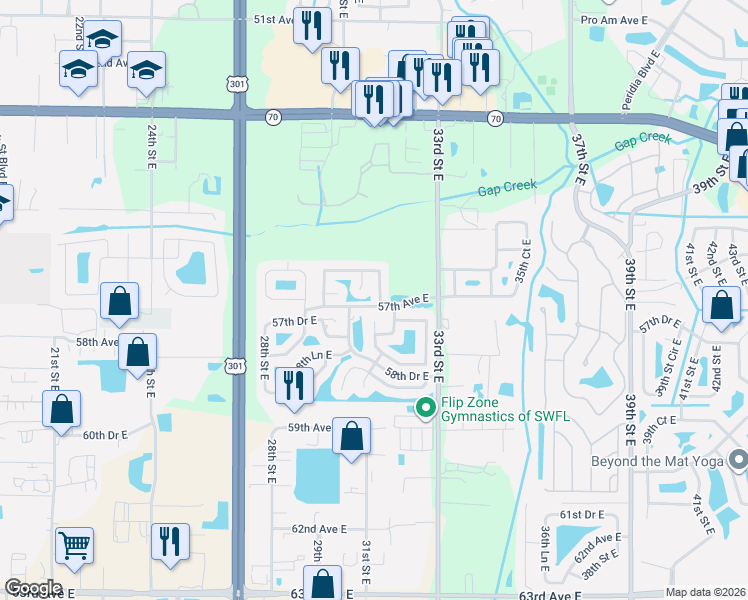map of restaurants, bars, coffee shops, grocery stores, and more near 5648 29th Street Circle East in Bradenton
