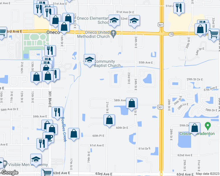 map of restaurants, bars, coffee shops, grocery stores, and more near 2104 56th Avenue Terrace East in Bradenton