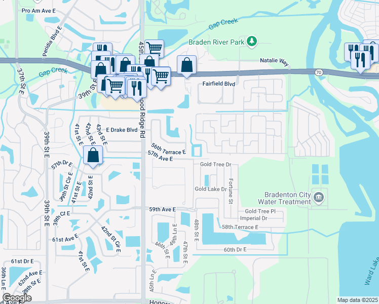 map of restaurants, bars, coffee shops, grocery stores, and more near 5603 47th Court East in Bradenton
