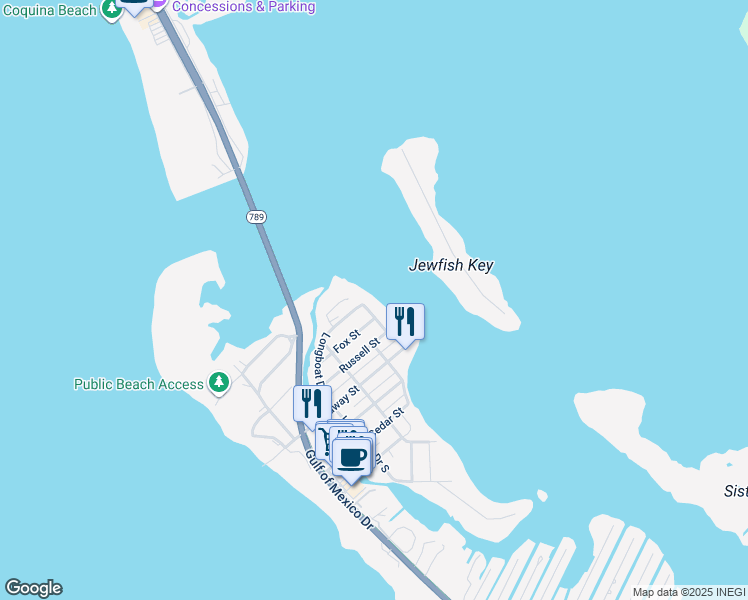 map of restaurants, bars, coffee shops, grocery stores, and more near 7130 Longboat Drive East in Longboat Key