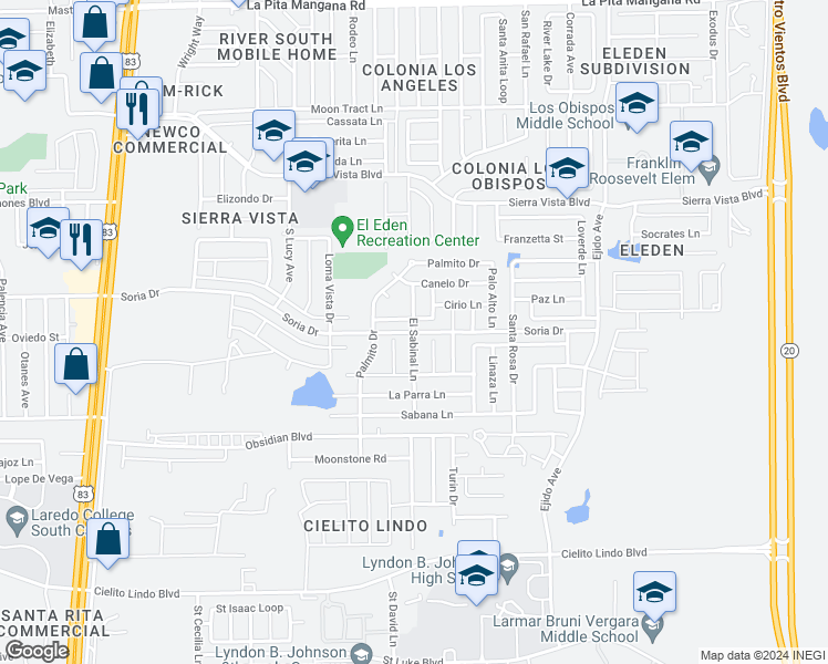 map of restaurants, bars, coffee shops, grocery stores, and more near El Sabinal Lane in Laredo