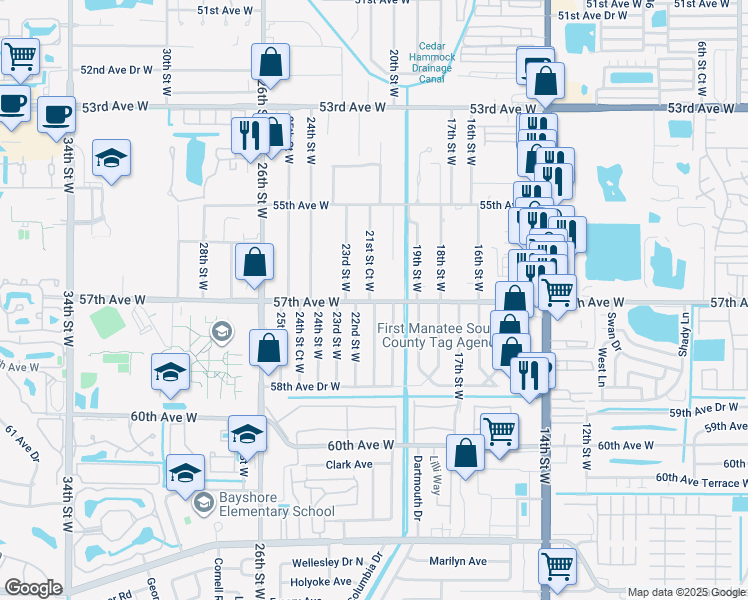 map of restaurants, bars, coffee shops, grocery stores, and more near in Bradenton