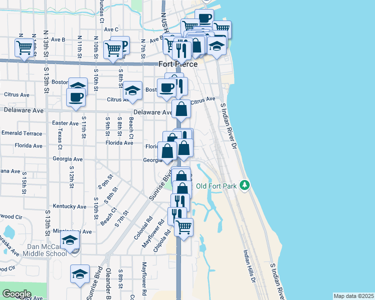 map of restaurants, bars, coffee shops, grocery stores, and more near 302 Florida Avenue in Fort Pierce