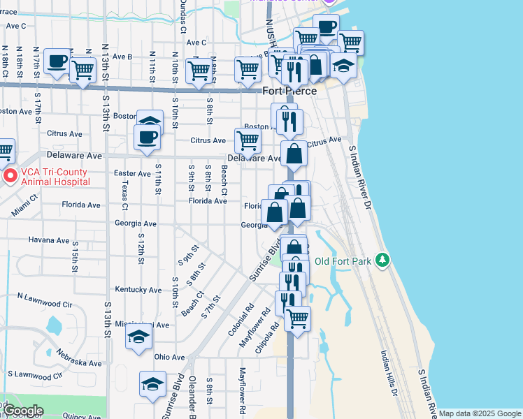 map of restaurants, bars, coffee shops, grocery stores, and more near 618 South 6th Street in Fort Pierce