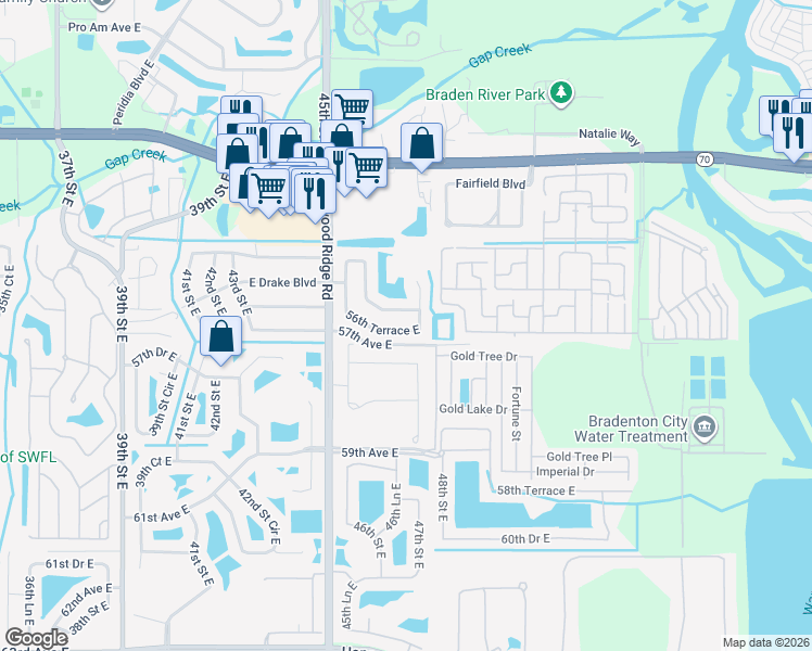 map of restaurants, bars, coffee shops, grocery stores, and more near 4682 56th Drive East in Bradenton