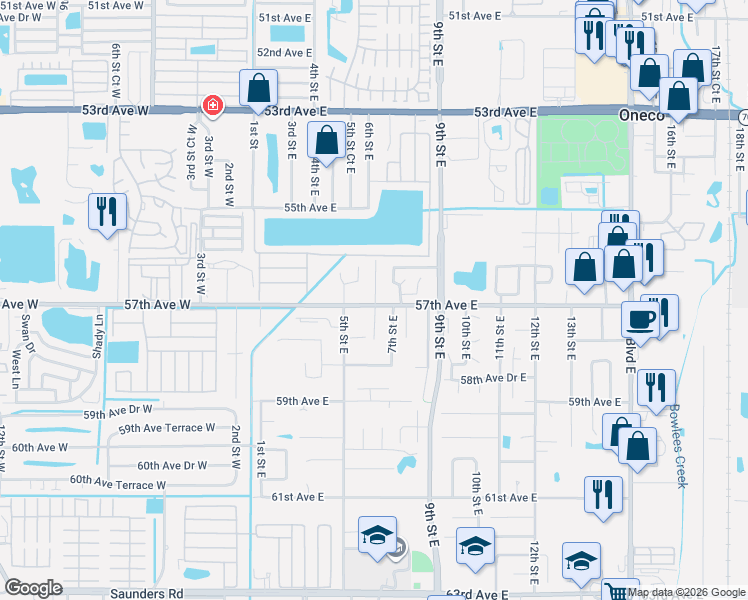 map of restaurants, bars, coffee shops, grocery stores, and more near 5618 7th Street Court East in Bradenton