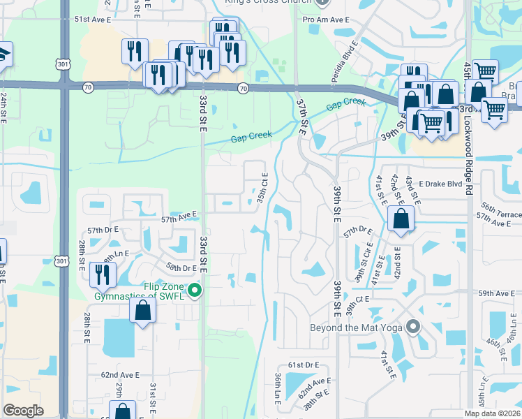 map of restaurants, bars, coffee shops, grocery stores, and more near 5619 35th Court East in Bradenton