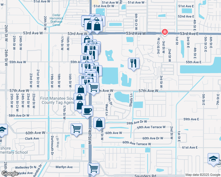 map of restaurants, bars, coffee shops, grocery stores, and more near 1031 57th Avenue West in Bradenton