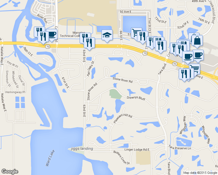 map of restaurants, bars, coffee shops, grocery stores, and more near 6601 Drewrys Bluff in Bradenton