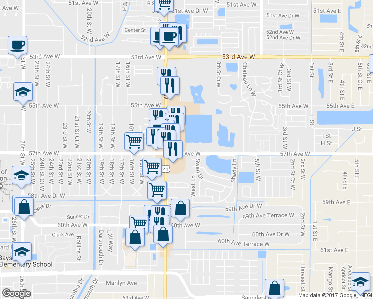 map of restaurants, bars, coffee shops, grocery stores, and more near 1115 57th Avenue West in Bradenton