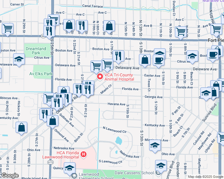 map of restaurants, bars, coffee shops, grocery stores, and more near 621 South 17th Street in Fort Pierce