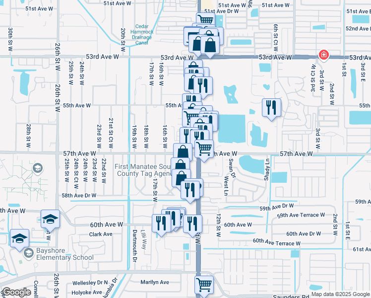 map of restaurants, bars, coffee shops, grocery stores, and more near 1-14 Blackfoot Dr in Bradenton