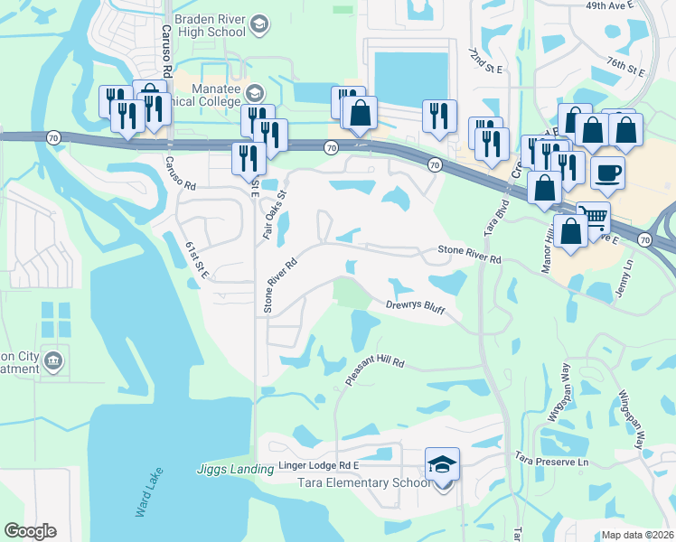 map of restaurants, bars, coffee shops, grocery stores, and more near 6601 Drewrys Bluff in Bradenton