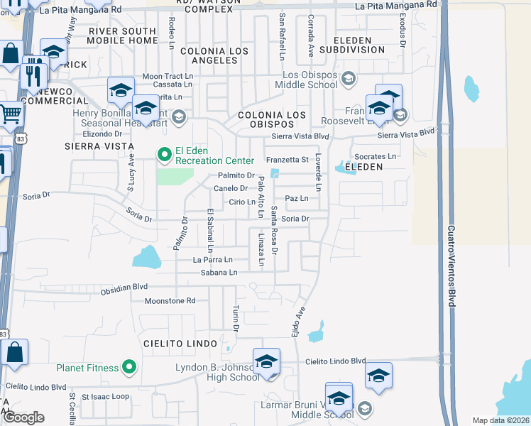 map of restaurants, bars, coffee shops, grocery stores, and more near 5031 Palo Alto Lane in Laredo